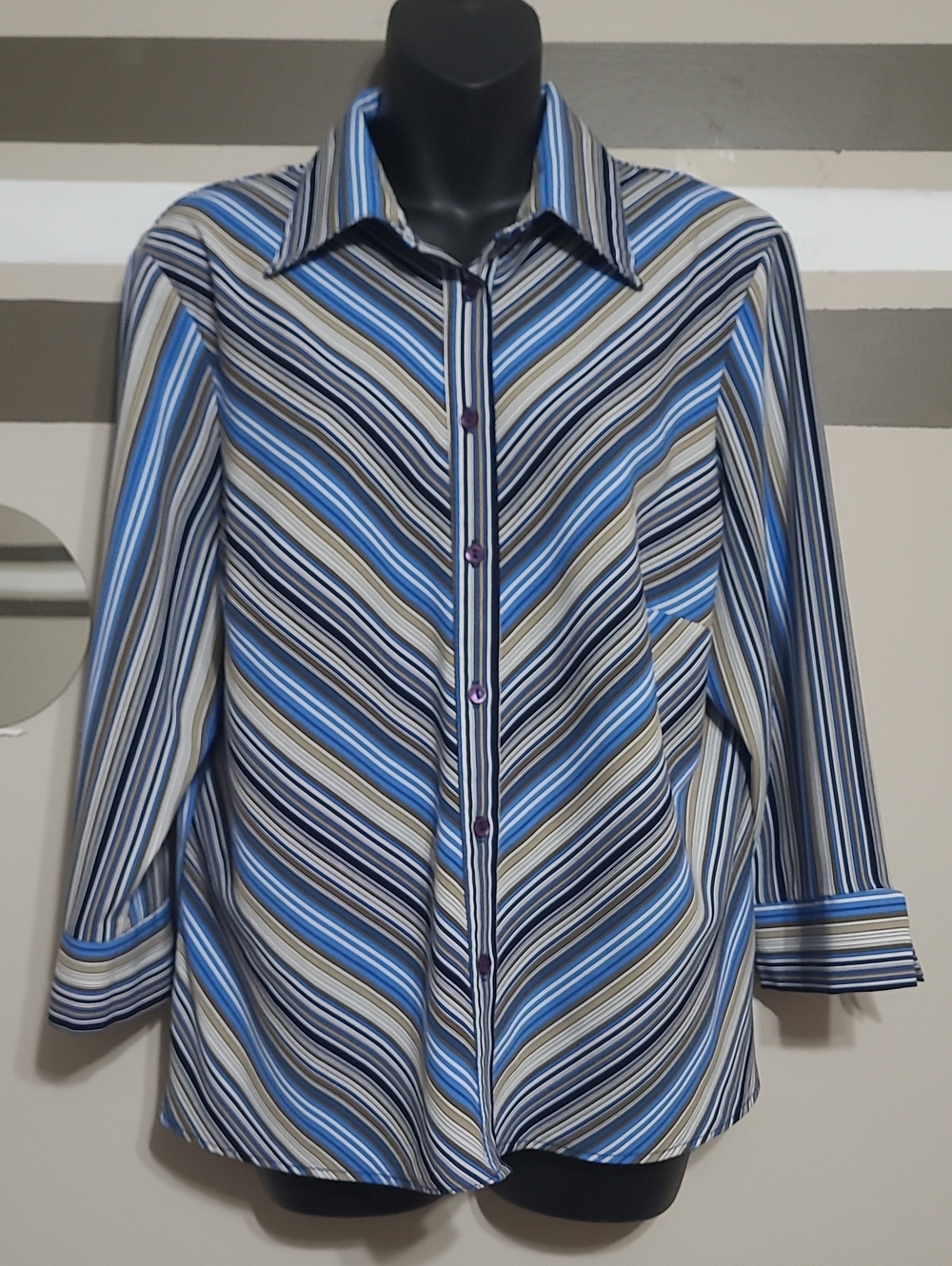 ⭐️ Gloria Vanderbilt Blue Striped Button-Front Blouse Sz Large